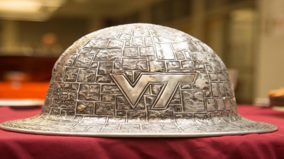 Ceremonial hardhat with Hokie Stone and a Virginia Tech logo