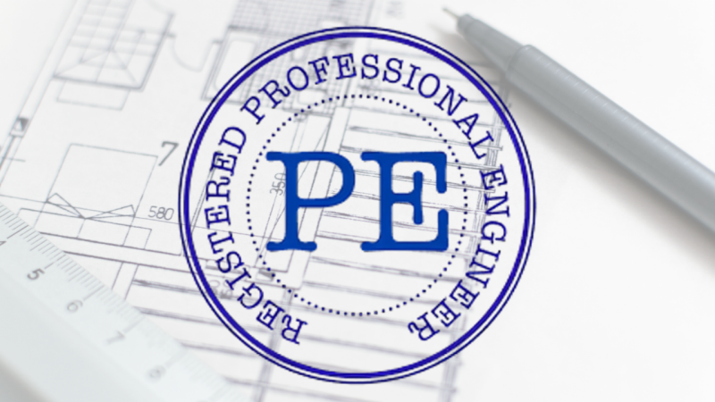 Registered Professional Engineer stamp with a construction blueprint background.