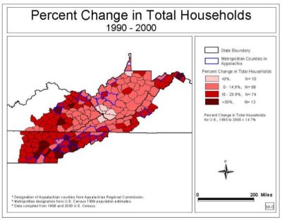 Percent Change in Total Households from 1990-2000 map