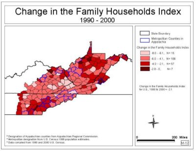 Change in the Family Households Index from 1990-2000 map