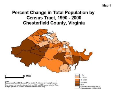 Percent Change in Total Population by Census Tract, 1990 - 2000 Chesterfield Countym Virginia Map
