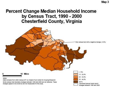 Percent Change Median Househould Income by Census Tract, 1990 - 2000 Chesterfield County, Virginia