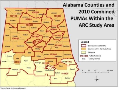 Alabama Counties and 2010 Combined PUMAs Within the ARC Study Area