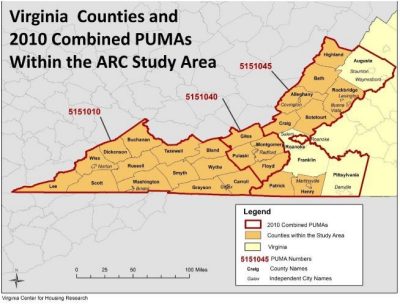 Virginia Counties and 2010 Combined PUMAs Within the ARC Study Area