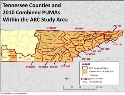 Tennessee Counties and 2010 Combined PUMAs Within the ARC Study Area