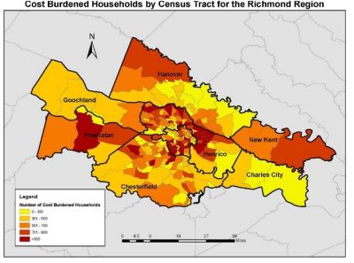 Cost Burdened Households by Census Tract for the Richmond Region Map