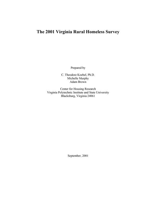 The 2001 Virginia Rural Homeless Survey Cover