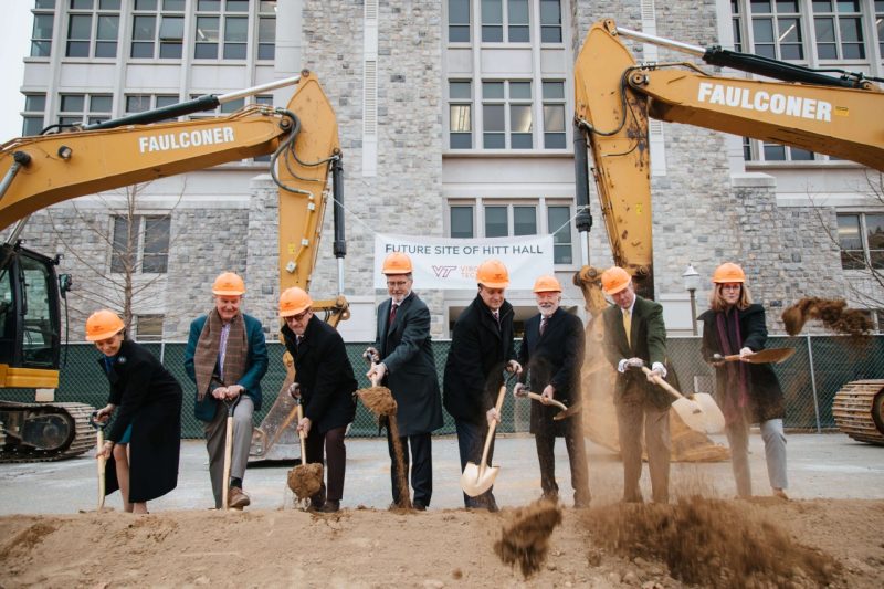 Virginia Tech leaders break ground on Hitt Hall's construction site.