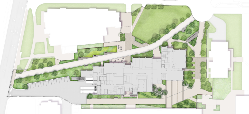 Rendering of Hitt Hall's site plan on the Virginia Tech campus.