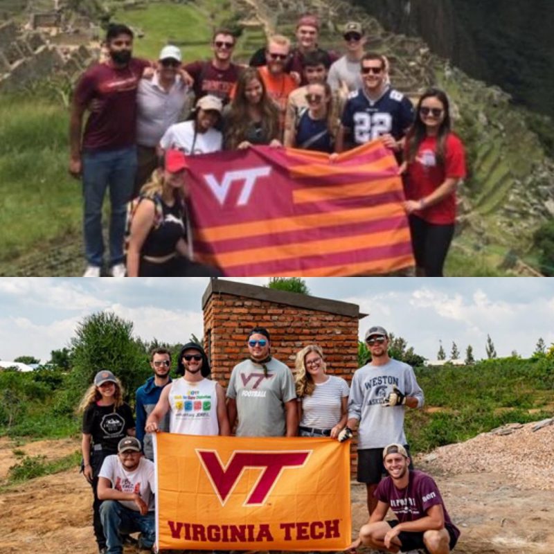 Students holding Virginia Tech Flag during winter break doing service work