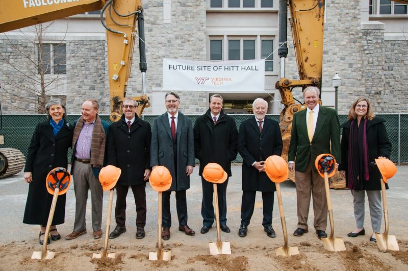 Virginia Tech leaders break ground on Hitt Hall's construction site.