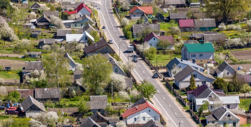 Aerial view of houses along a street